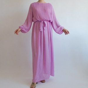 Vintage 70s orchid pink/purple sheer disco bishop sleeve maxi dress